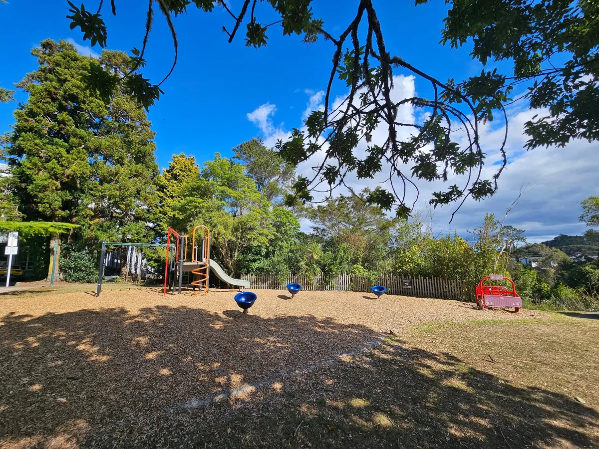Play frame with slide, blue bowl rockers and spring toy under big trees at Kell Park playground, Albany