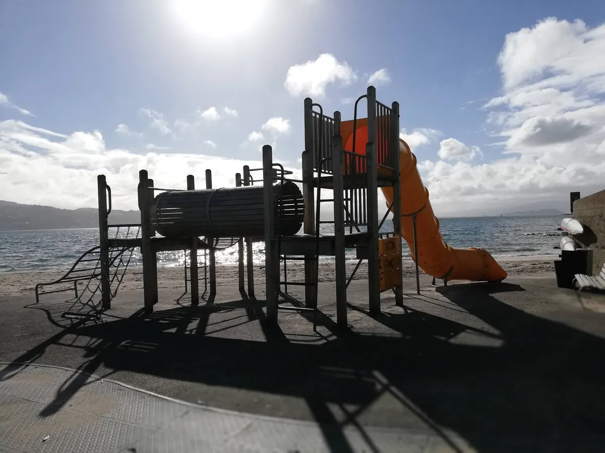 Rope climbing frame and junior play tower under trees at Freyberg Beach playground, Oriental Bay